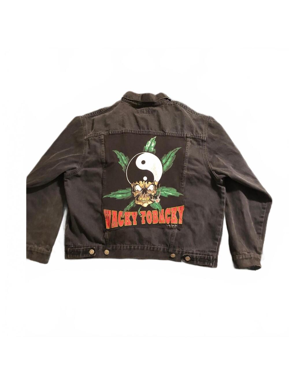 Vintage Todays News Black Denim Jacket Yin Yang Wacky Tobacky with Patches